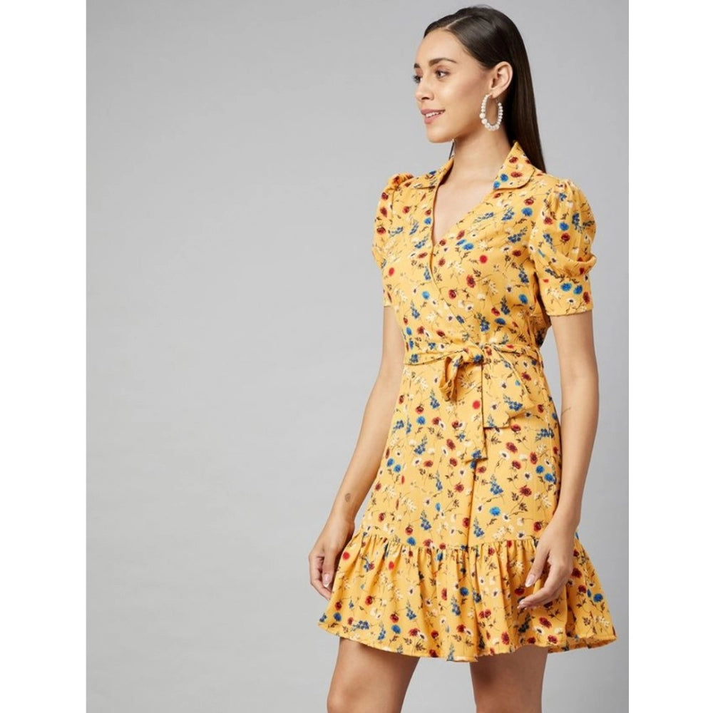 Vaystra Polyester Floral Short Sleeve Above Knee Dress – Yellow