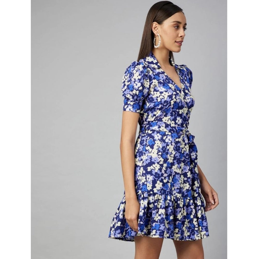 Vaystra Polyester Floral Short Sleeve Above Knee Dress – Blue & Purple