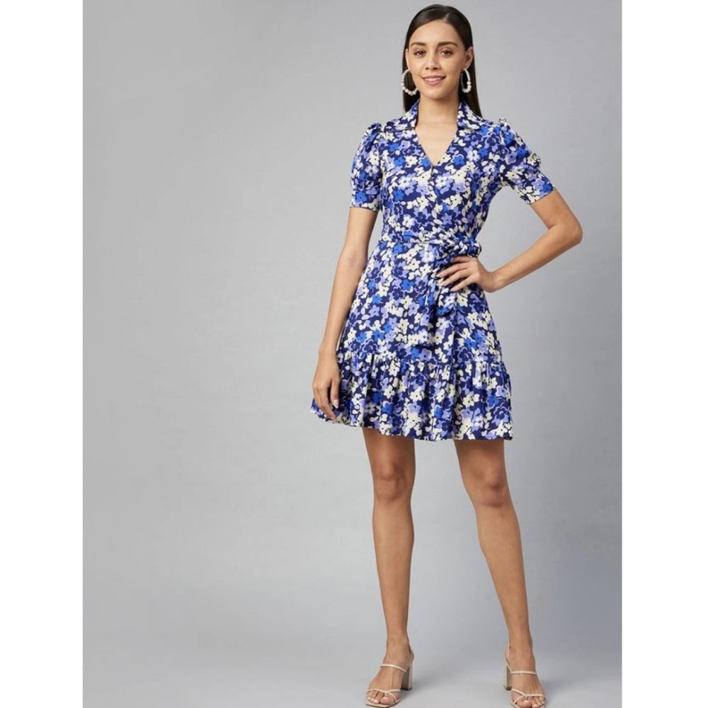 Vaystra Polyester Floral Short Sleeve Above Knee Dress – Blue & Purple