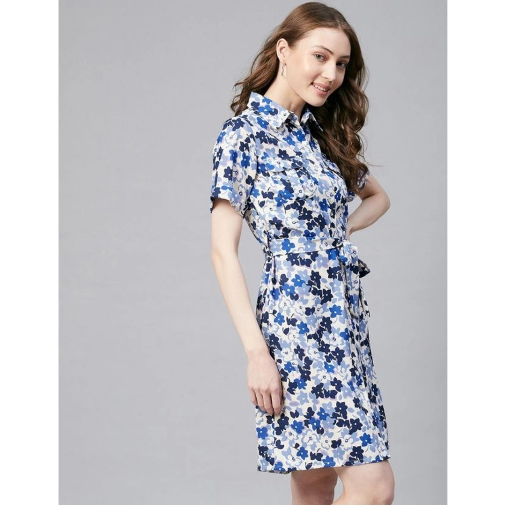 Vaystra Polyester Floral Short Sleeve Above Knee Dress – Blue & White