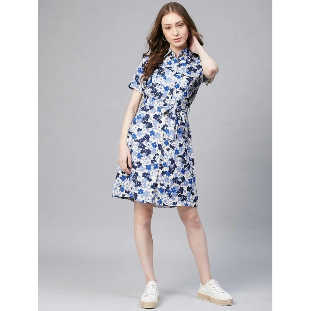 Vaystra Polyester Floral Short Sleeve Above Knee Dress – Blue & White