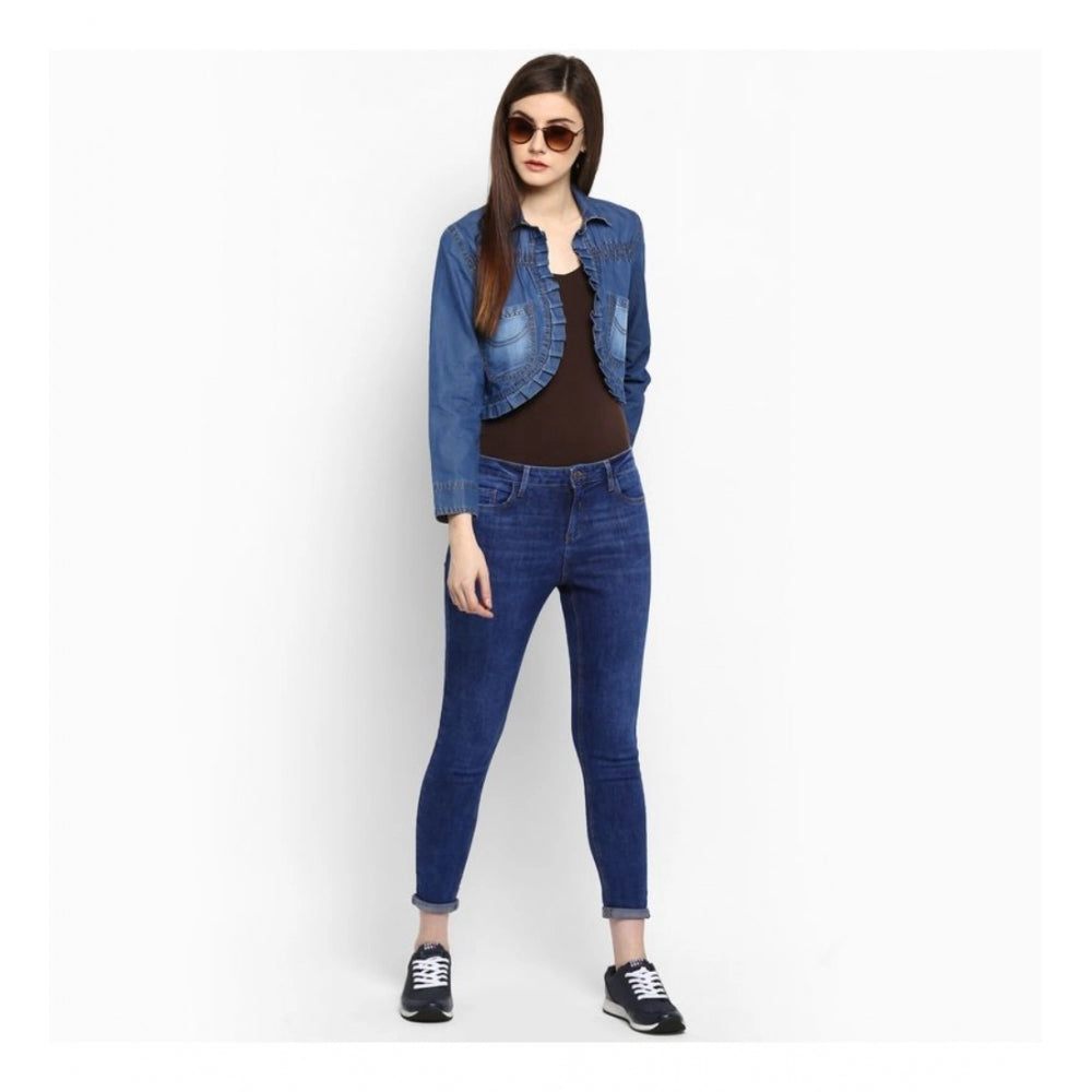 Vaystra Denim Pleated 3-4th Sleeves Shrug – Blue