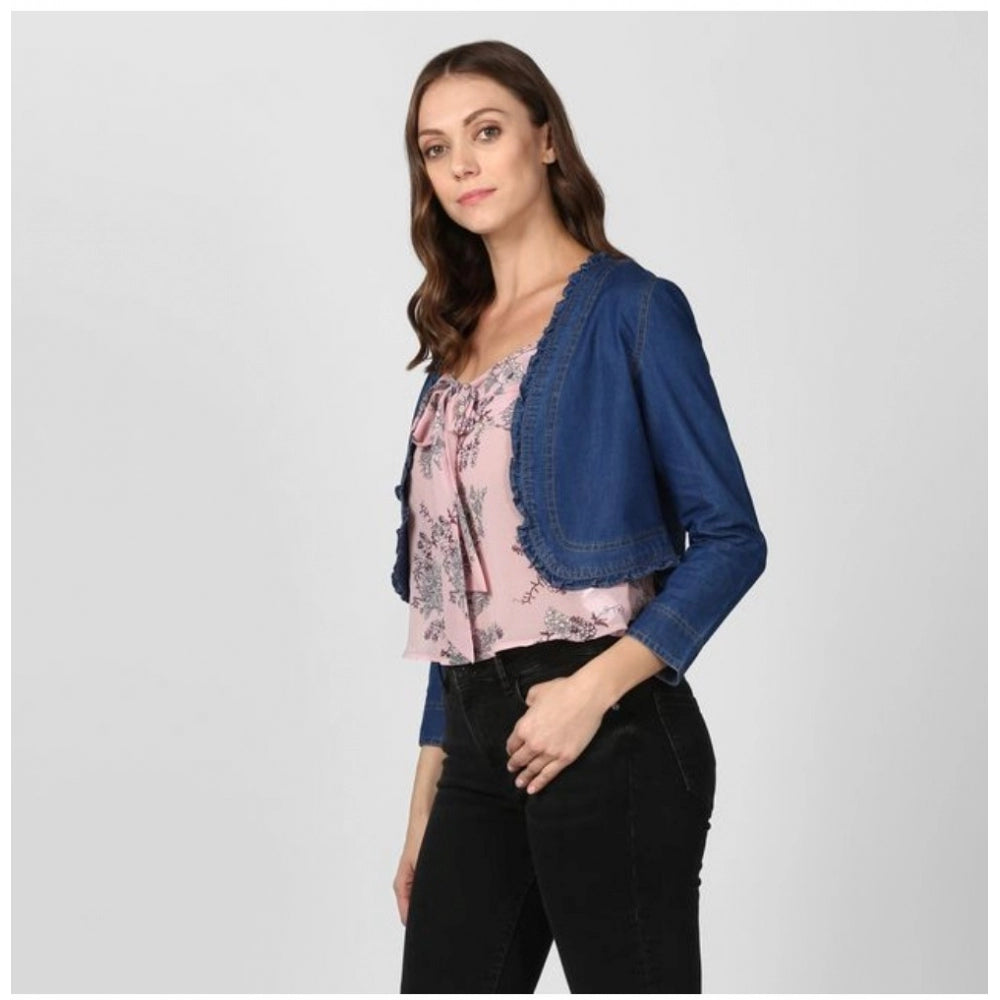 Vaystra Denim Ruffled Long Sleeves Shrug – Navy Blue