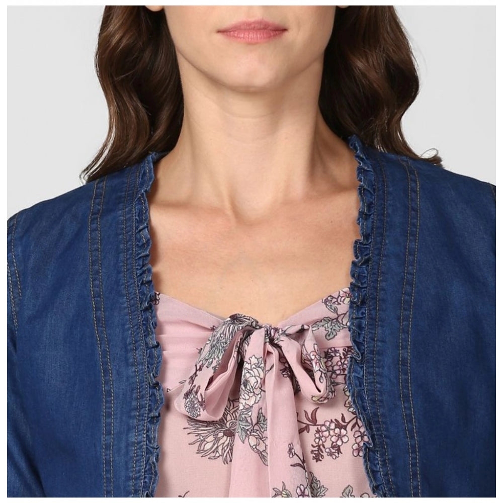 Vaystra Denim Ruffled Long Sleeves Shrug – Navy Blue
