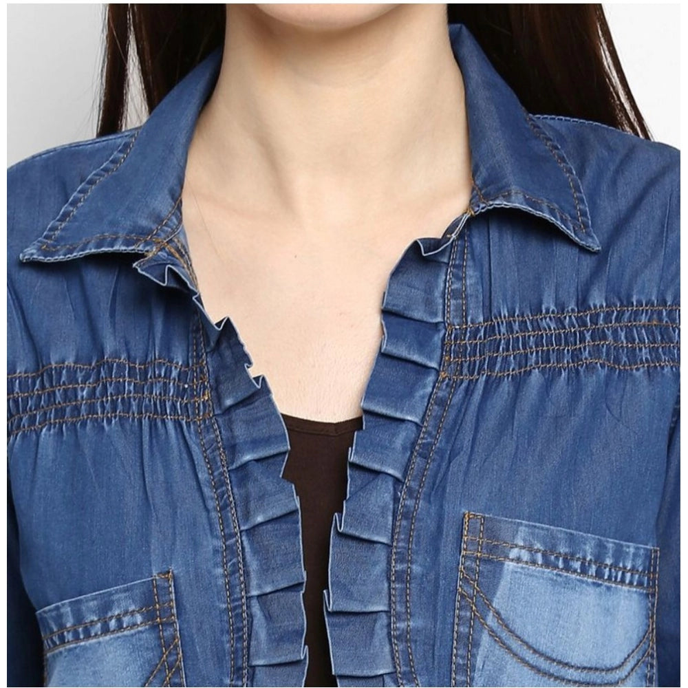 Vaystra Denim Pleated 3-4th Sleeves Shrug – Blue
