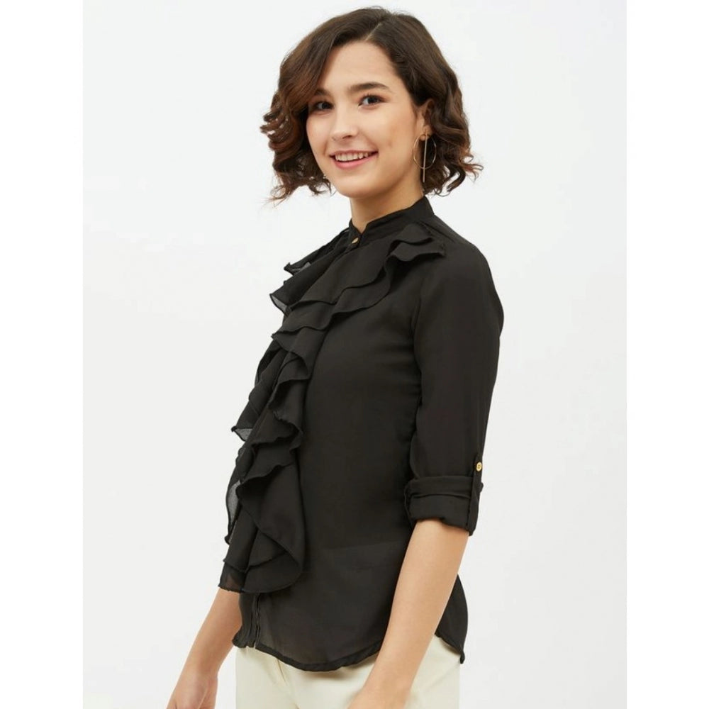 Vaystra Polyester Ruffled Long Sleeves Standard Length Shirt – Black
