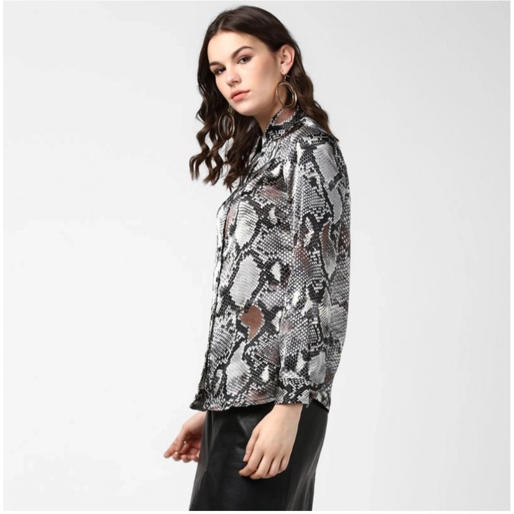 Vaystra Satin Animal Print Long Sleeves Standard Length Shirt – Black & Grey