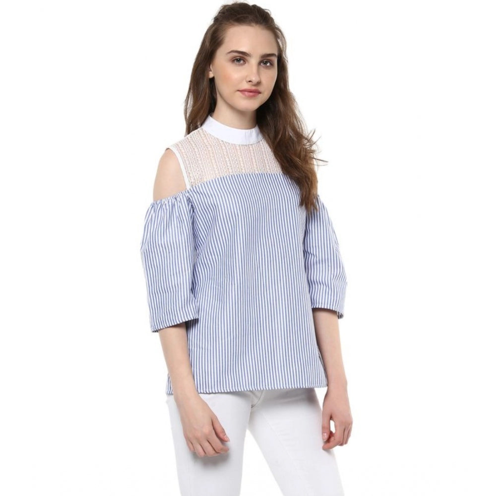 Vaystra Cotton Striped Cold Shoulder Top – Blue