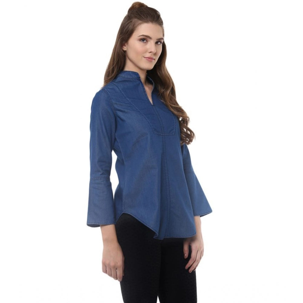Vaystra Denim Solid Bell Sleeve Regular Top – Blue Denim