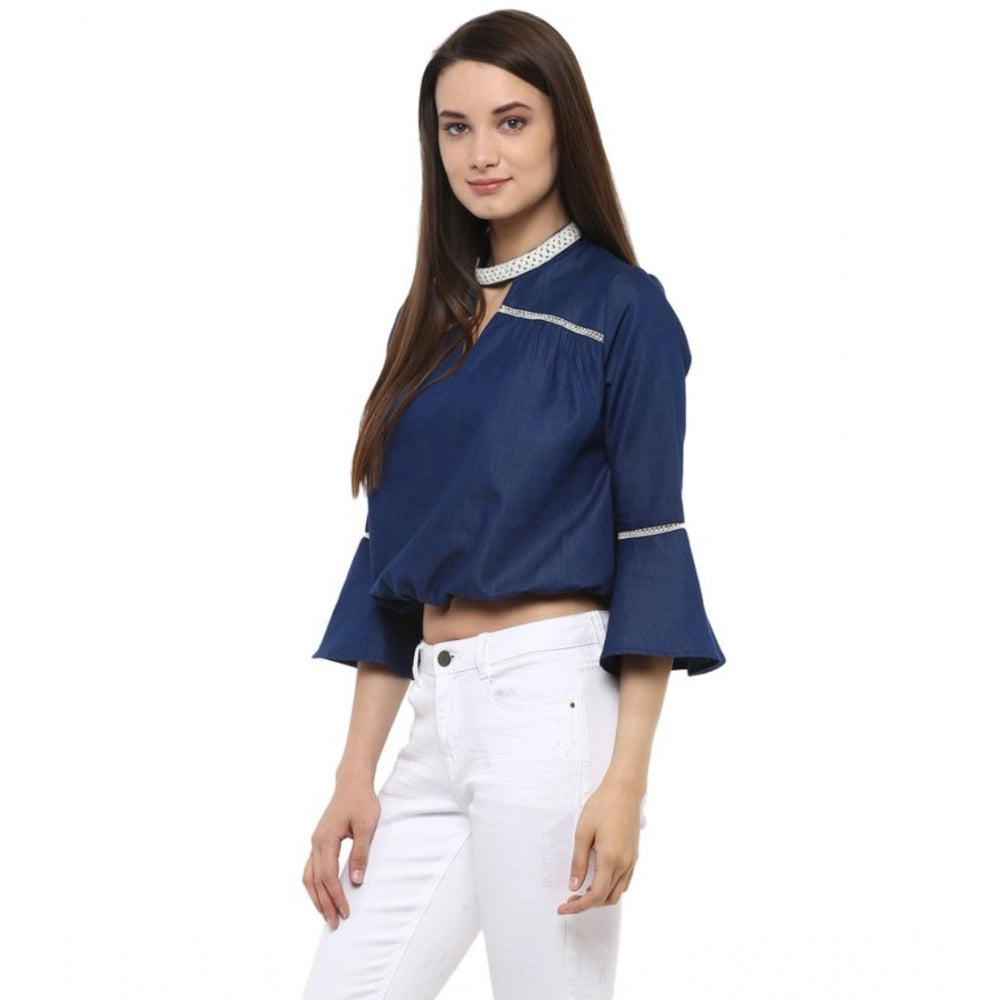 Vaystra Polyester Solid Bell Sleeve Regular Top – Blue
