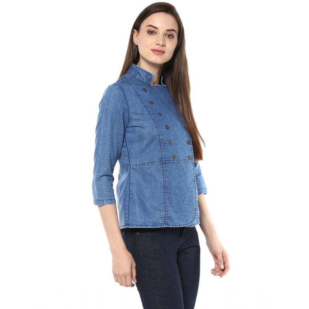 Vaystra Denim Solid 3-4th Sleeves Regular Top – Blue