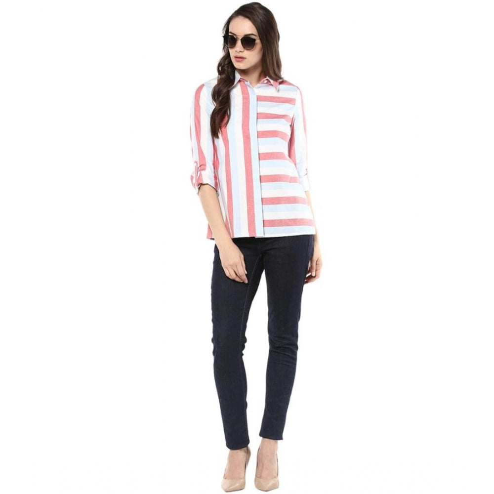 Vaystra Cotton Striped Roll Up Sleeve Regular Top – Red