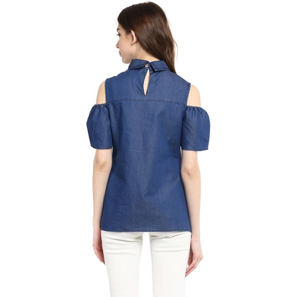 Vaystra Denim Solid Cold Shoulder Regular Top – Blue