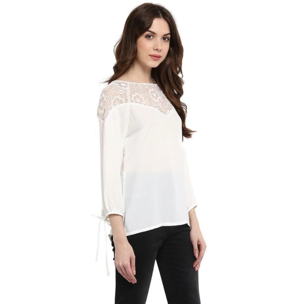 Vaystra Polyester Georgette Self Design 3-4th Sleeves Regular Top – White