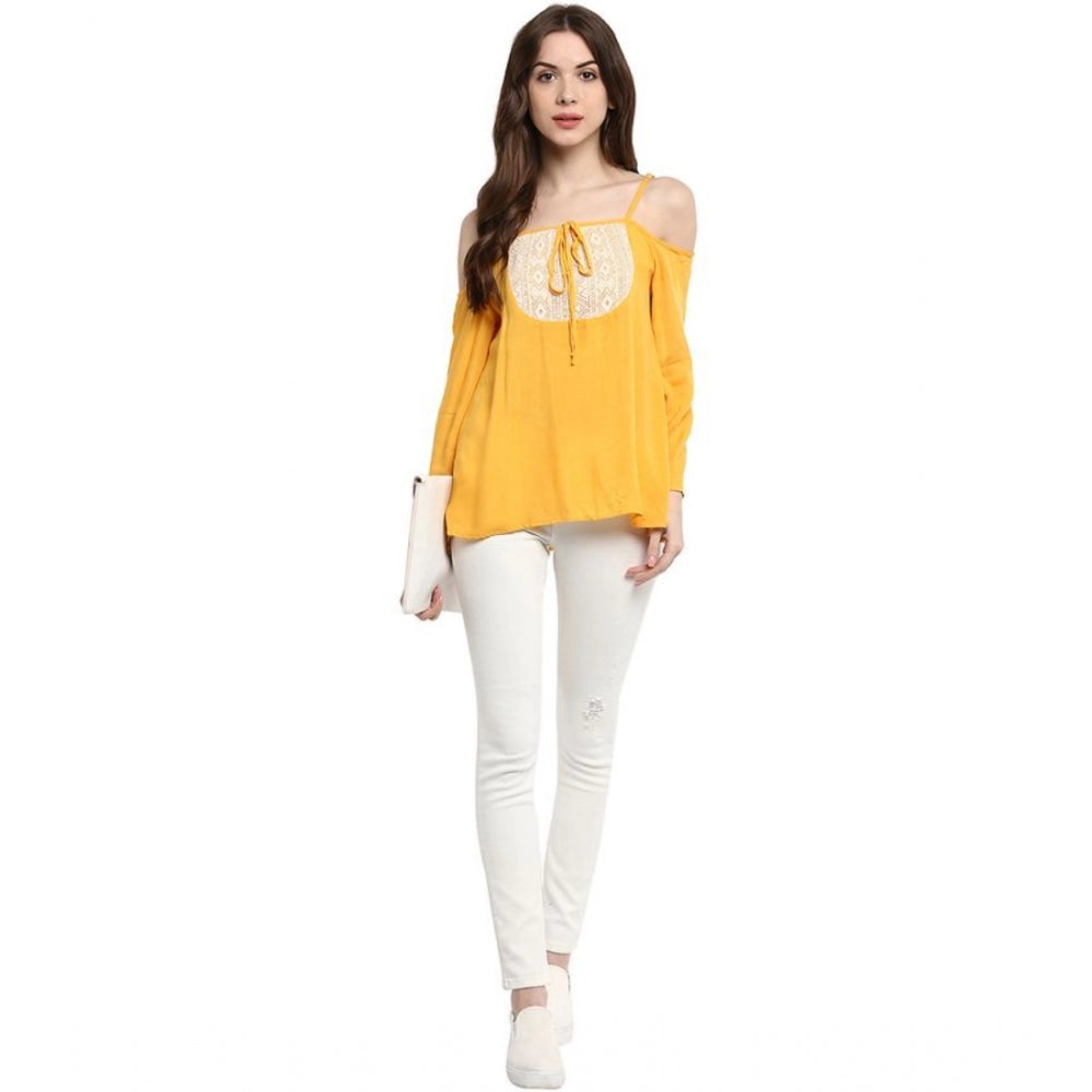 Vaystra Rayon Embellished Cold Shoulder Regular Top – Mustard Yellow