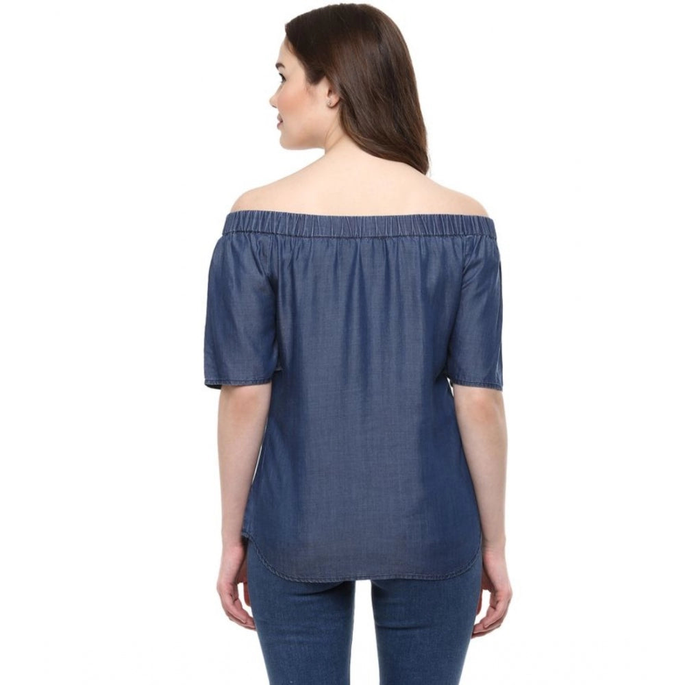 Vaystra Denim Solid Short Sleeve Regular Top – Blue