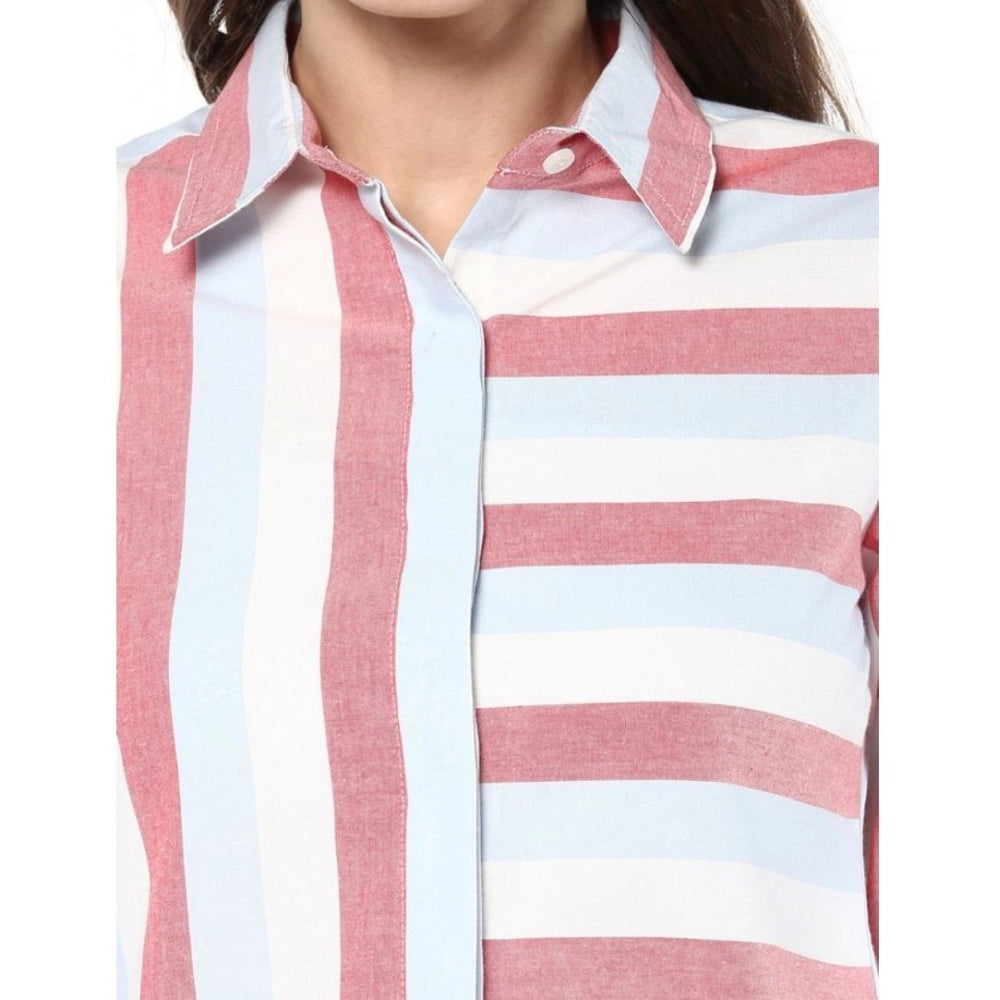 Vaystra Cotton Striped Roll Up Sleeve Regular Top – Red