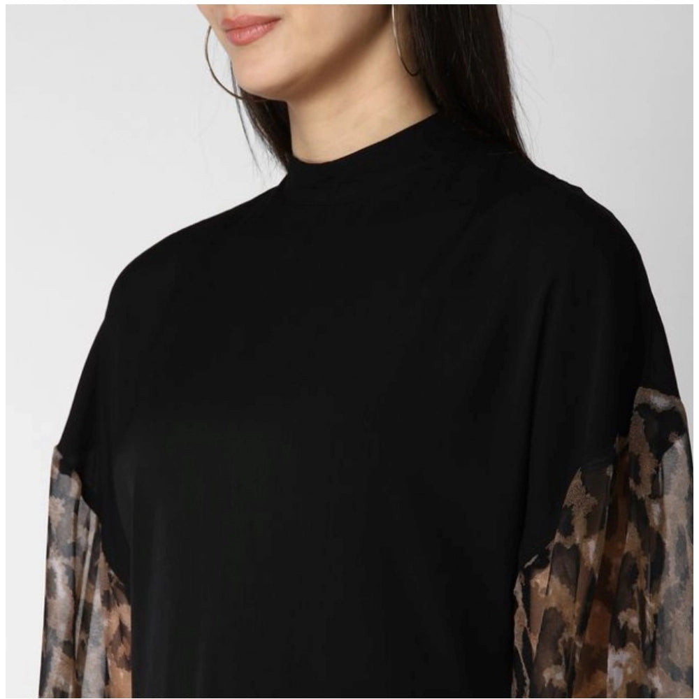 Vaystra Polyester Animal Print Long Sleeves Top – Black