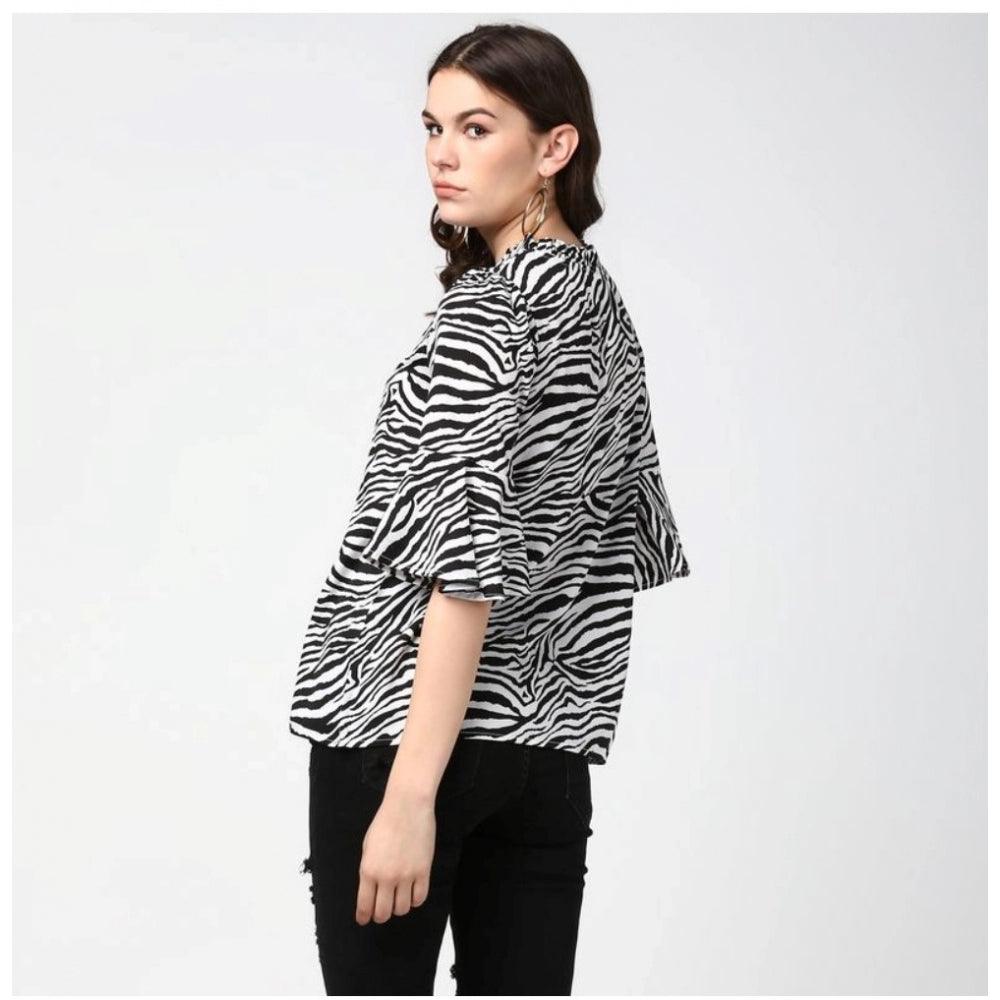 Vaystra Polyester Animal Print Bell Sleeve Top – Black & White