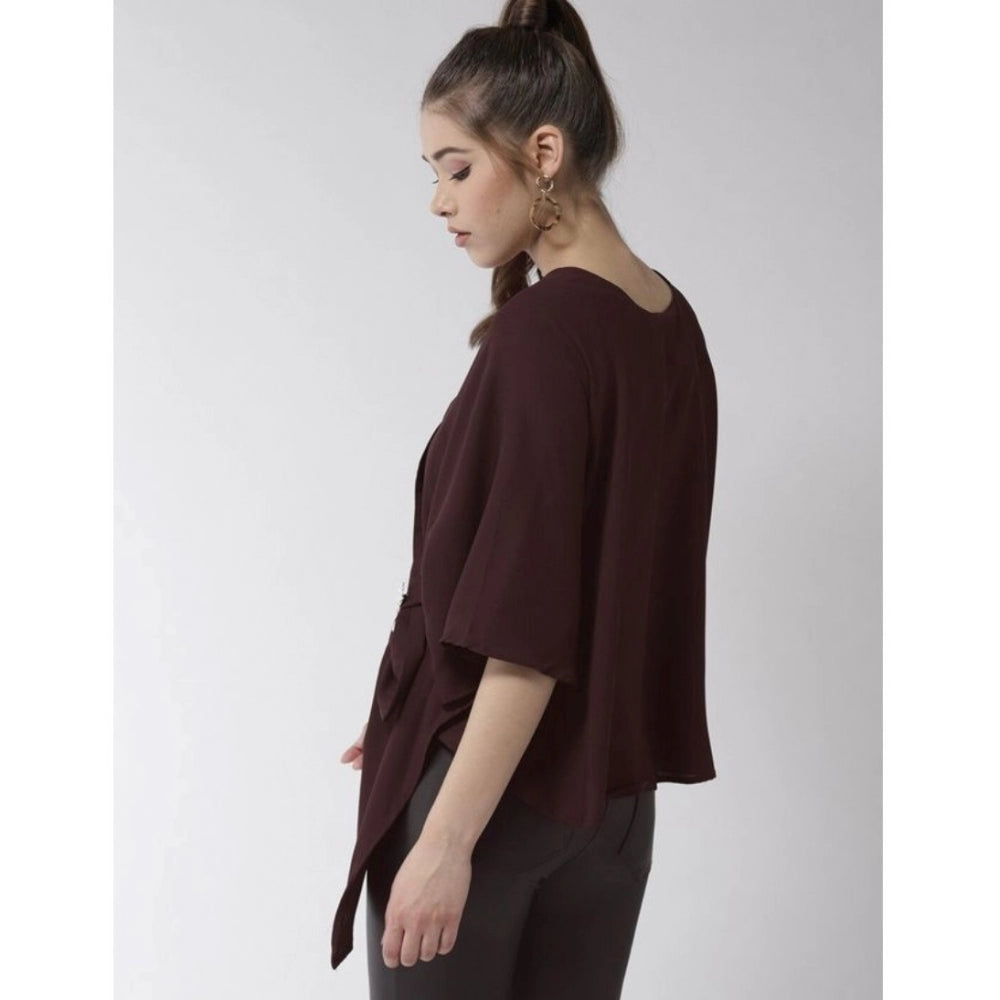 Vaystra Polyester Solid Cape Sleeve Top – Maroon
