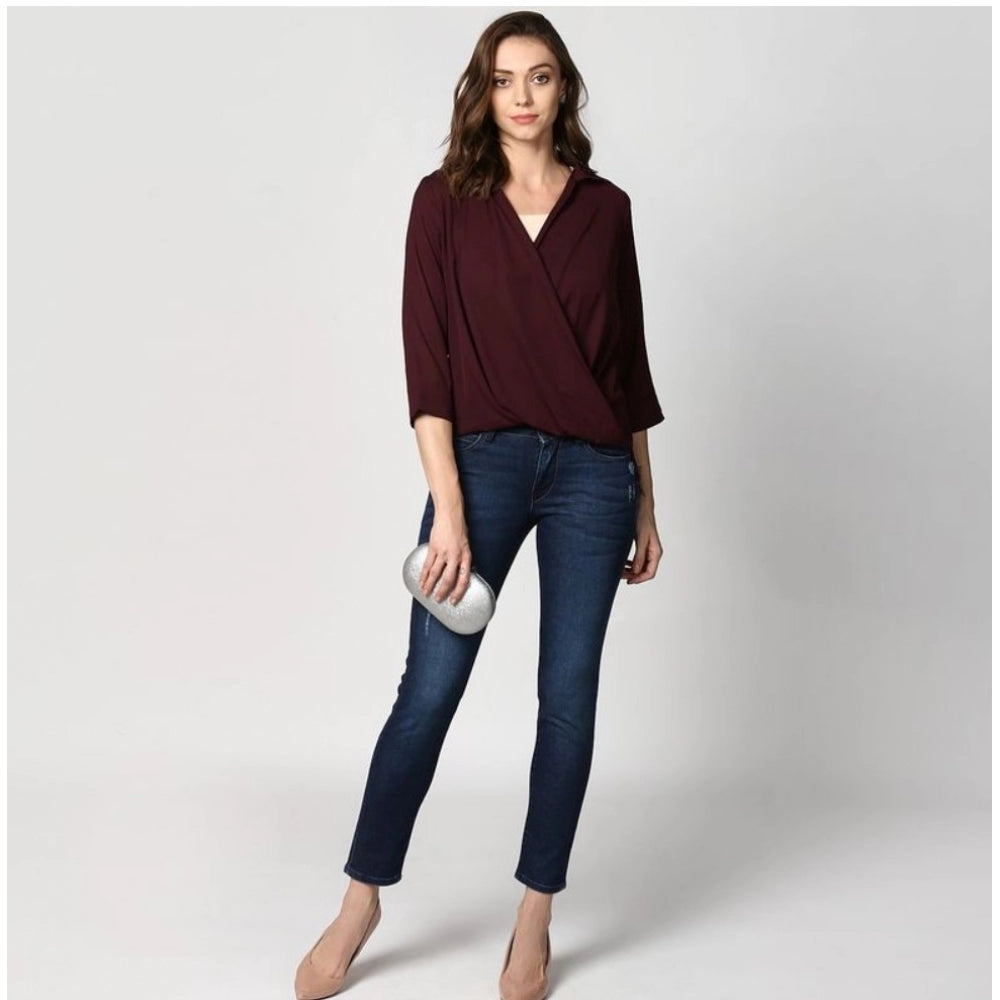 Vaystra Polyester Solid 3-4th Sleeves Top – Maroon