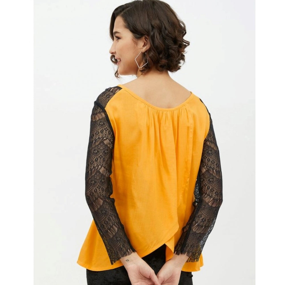 Vaystra Rayon Lace Inserts Long Sleeves Top – Yellow