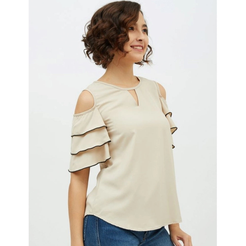 Vaystra Polyester Tiered Cold Shoulder Top – Beige