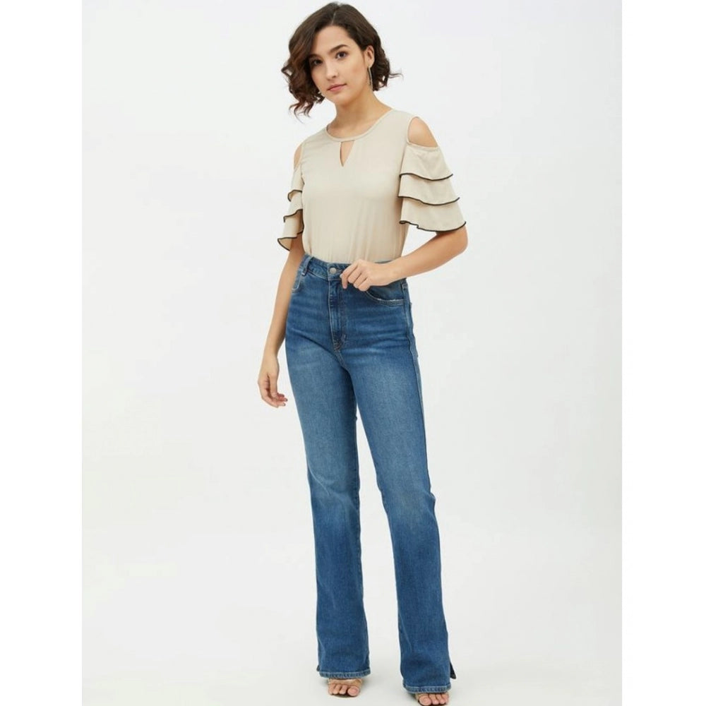 Vaystra Polyester Tiered Cold Shoulder Top – Beige