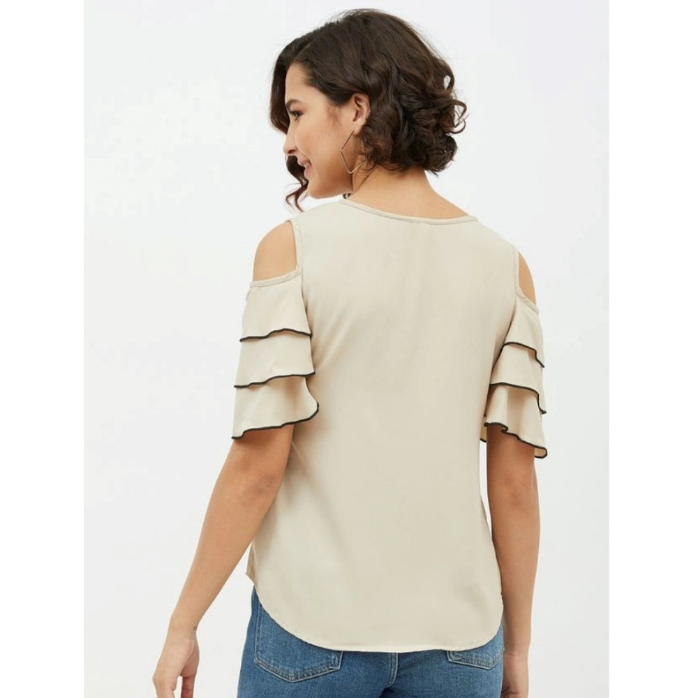 Vaystra Polyester Tiered Cold Shoulder Top – Beige