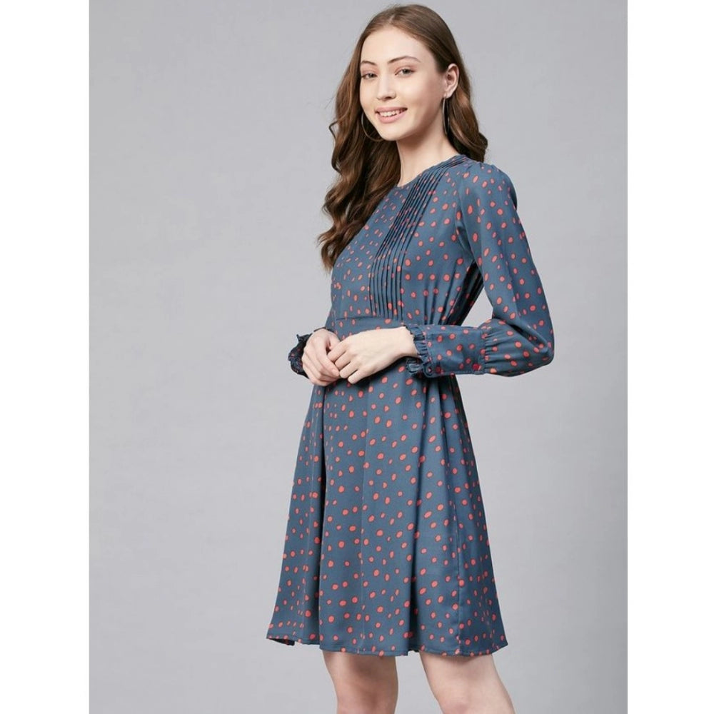 Vaystra Polyester Polka Long Sleeves Above Knee Dress – Grey & Coral