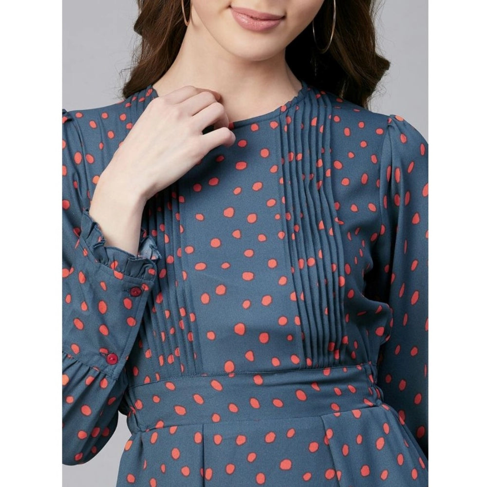 Vaystra Polyester Polka Long Sleeves Above Knee Dress – Grey & Coral