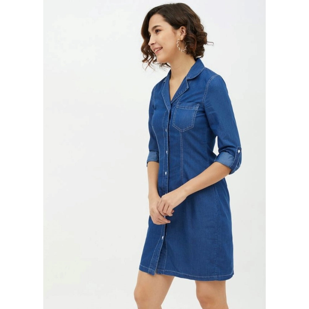 Vaystra Denim Solid Long Sleeves Above Knee Dress – Blue