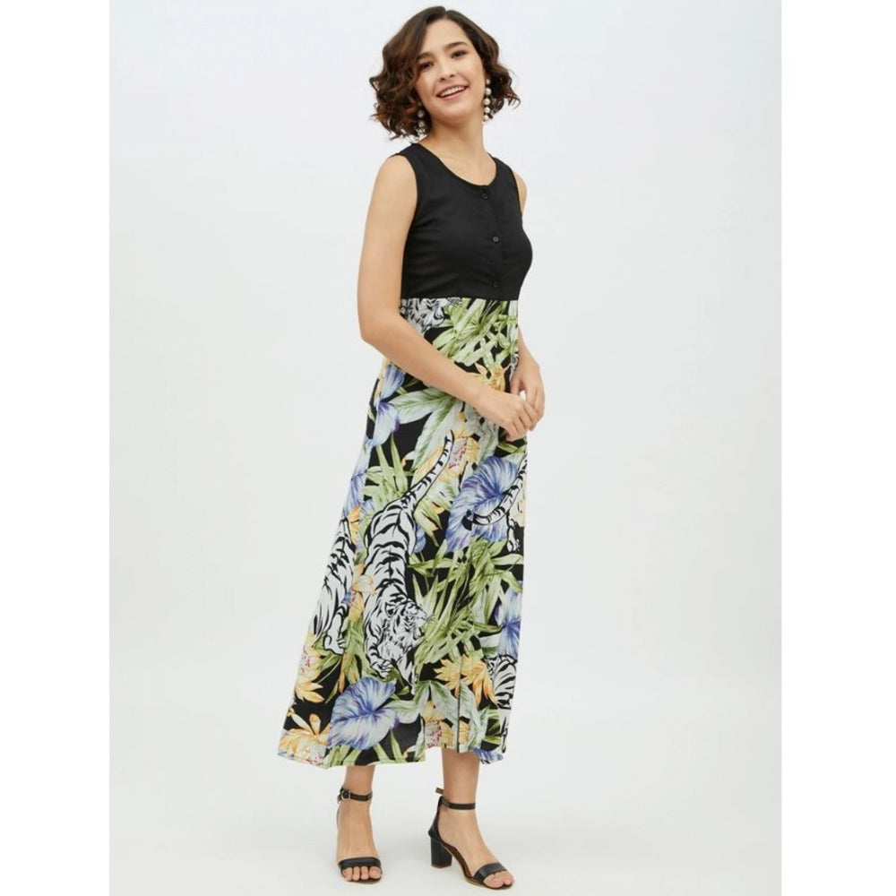 Vaystra Rayon Floral Sleeveless Calf-length Dress – Multicolor
