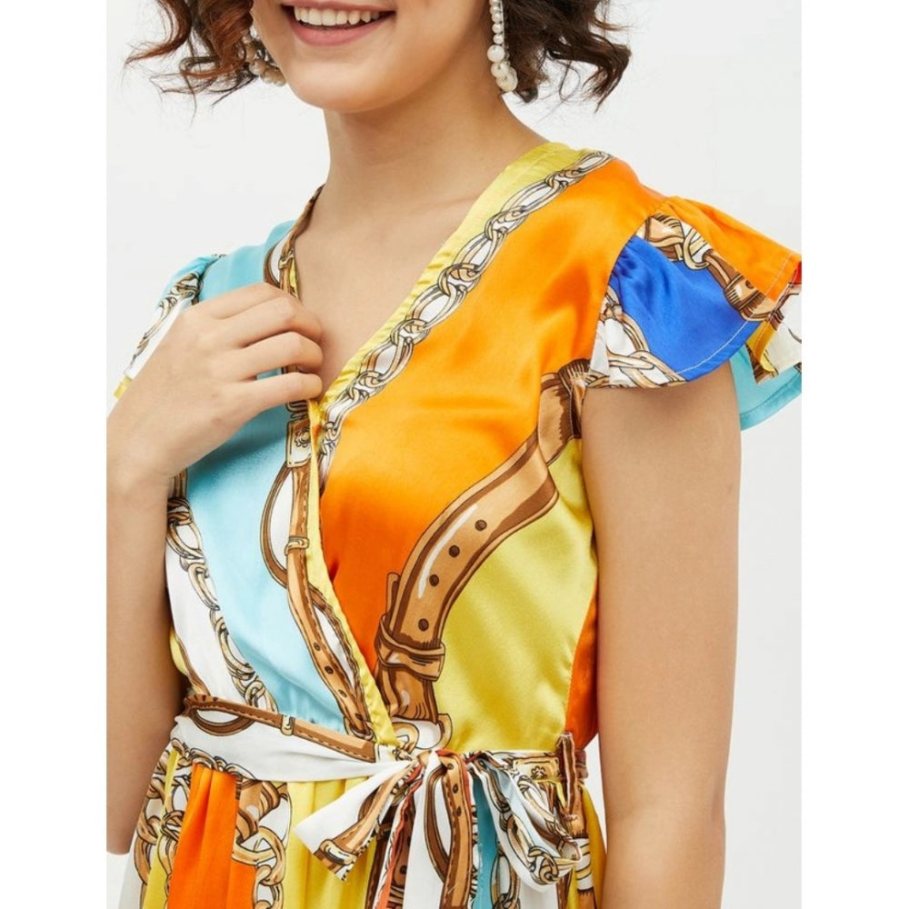 Vaystra Satin Chain Print Cap Sleeve Calf-length Dress – Multicolor