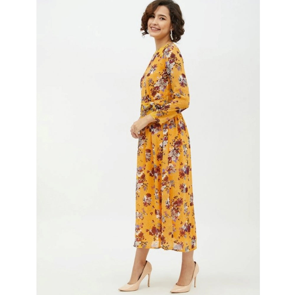 Vaystra Polyester Floral Long Sleeves Calf-length Dress – Multicolor