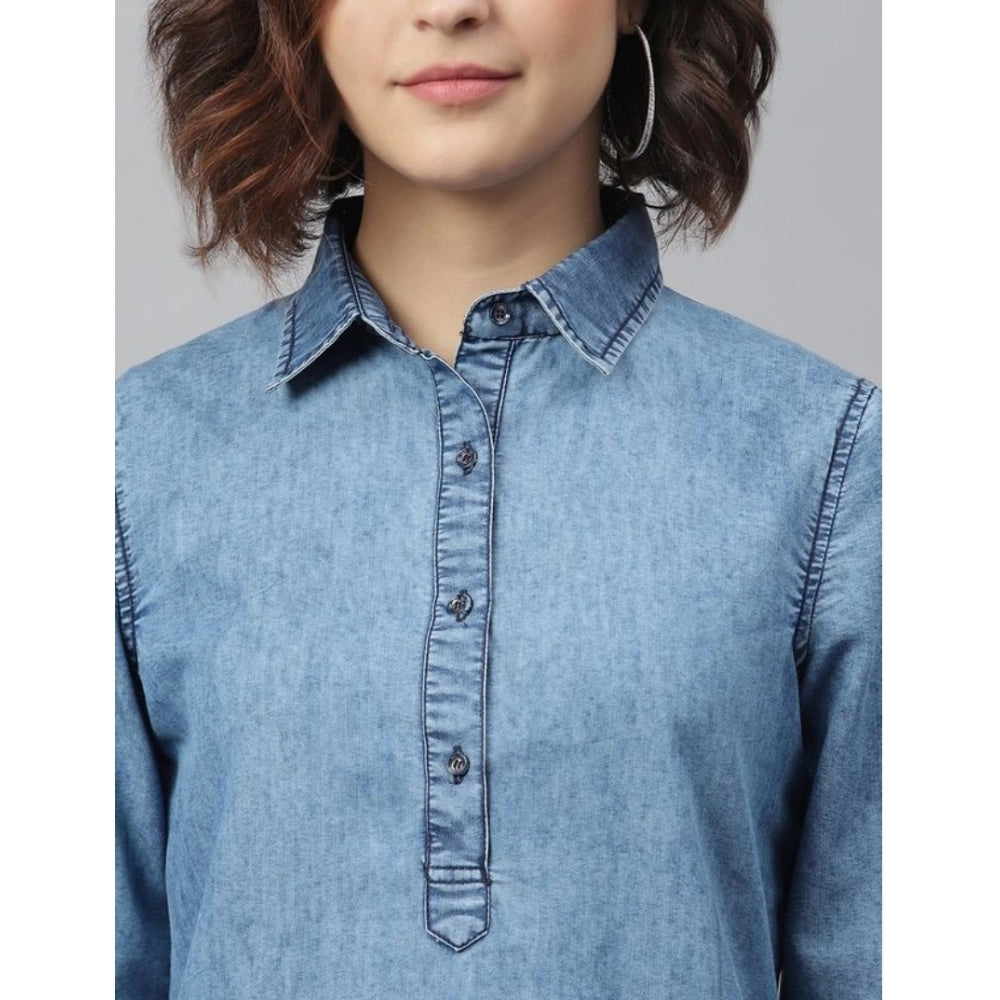 Vaystra Denim Solid Long Sleeves Above Knee Dress – Ice Blue