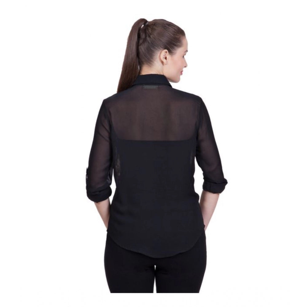 Vaystra Polyester Printed Roll Up Sleeve Standard Length Shirt – Black