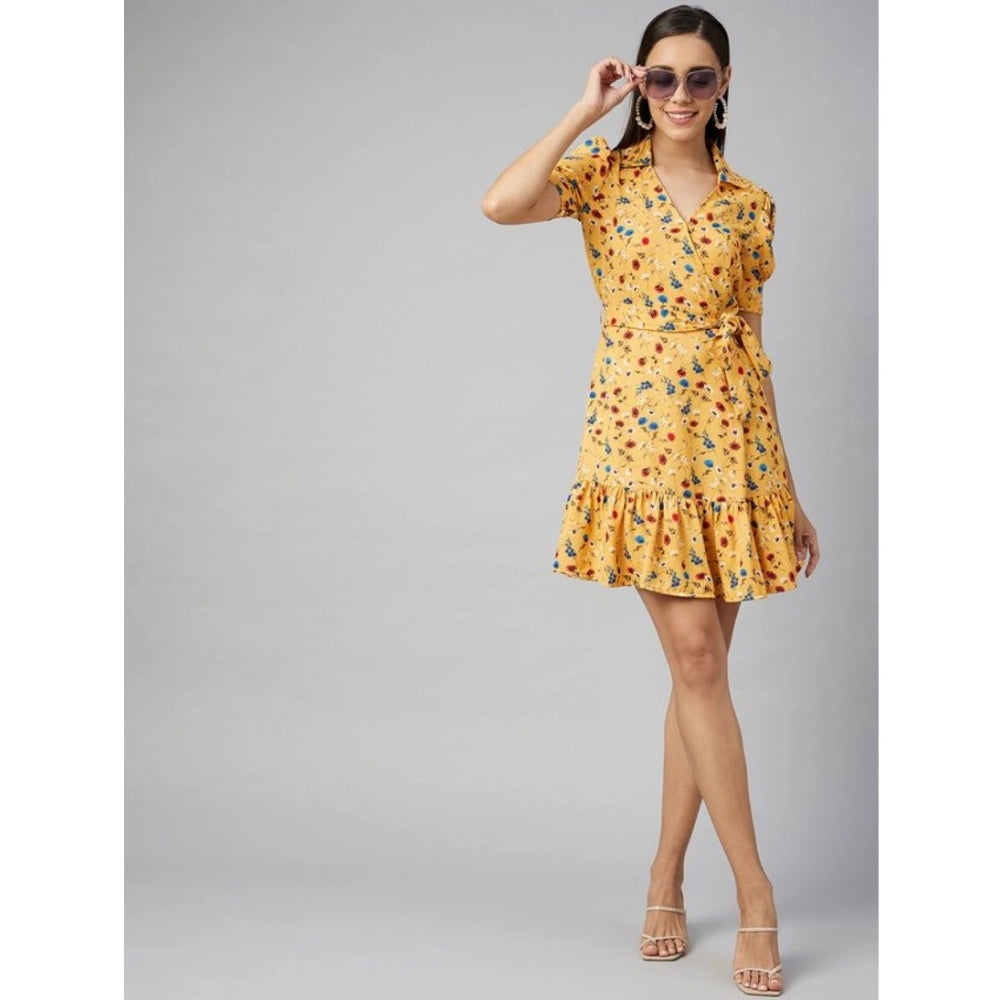 Vaystra Polyester Floral Short Sleeve Above Knee Dress – Yellow