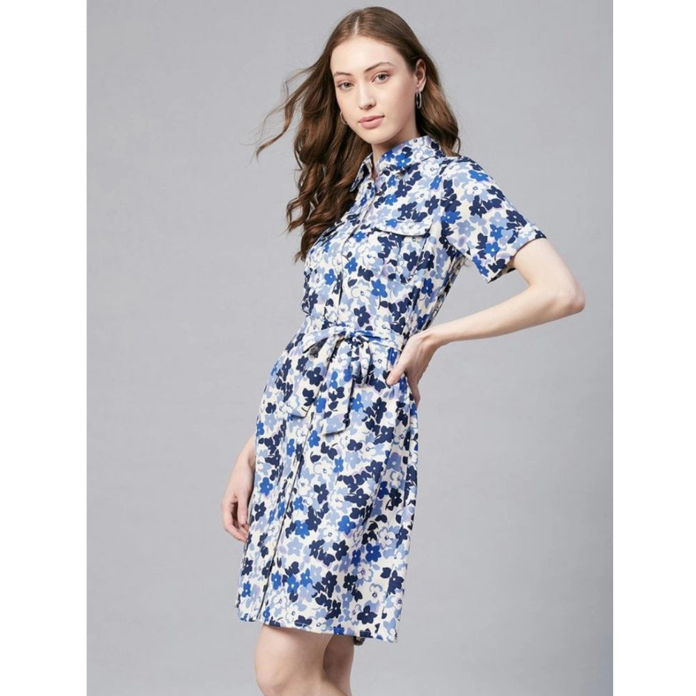 Vaystra Polyester Floral Short Sleeve Above Knee Dress – Blue & White