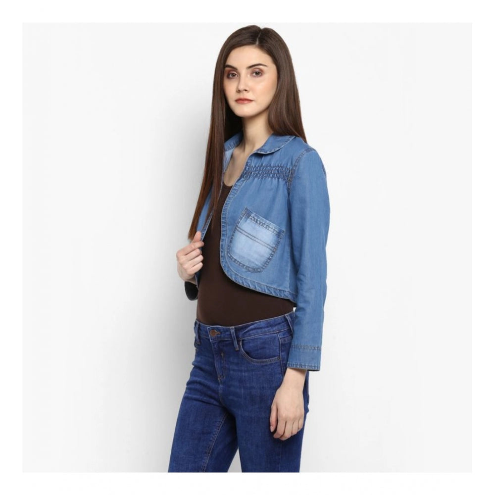 Vaystra Denim Smocking 3-4th Sleeves Shrug – Blue