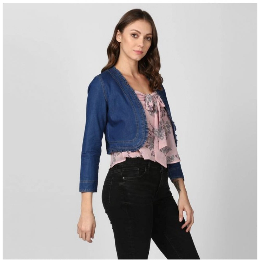 Vaystra Denim Ruffled Long Sleeves Shrug – Navy Blue
