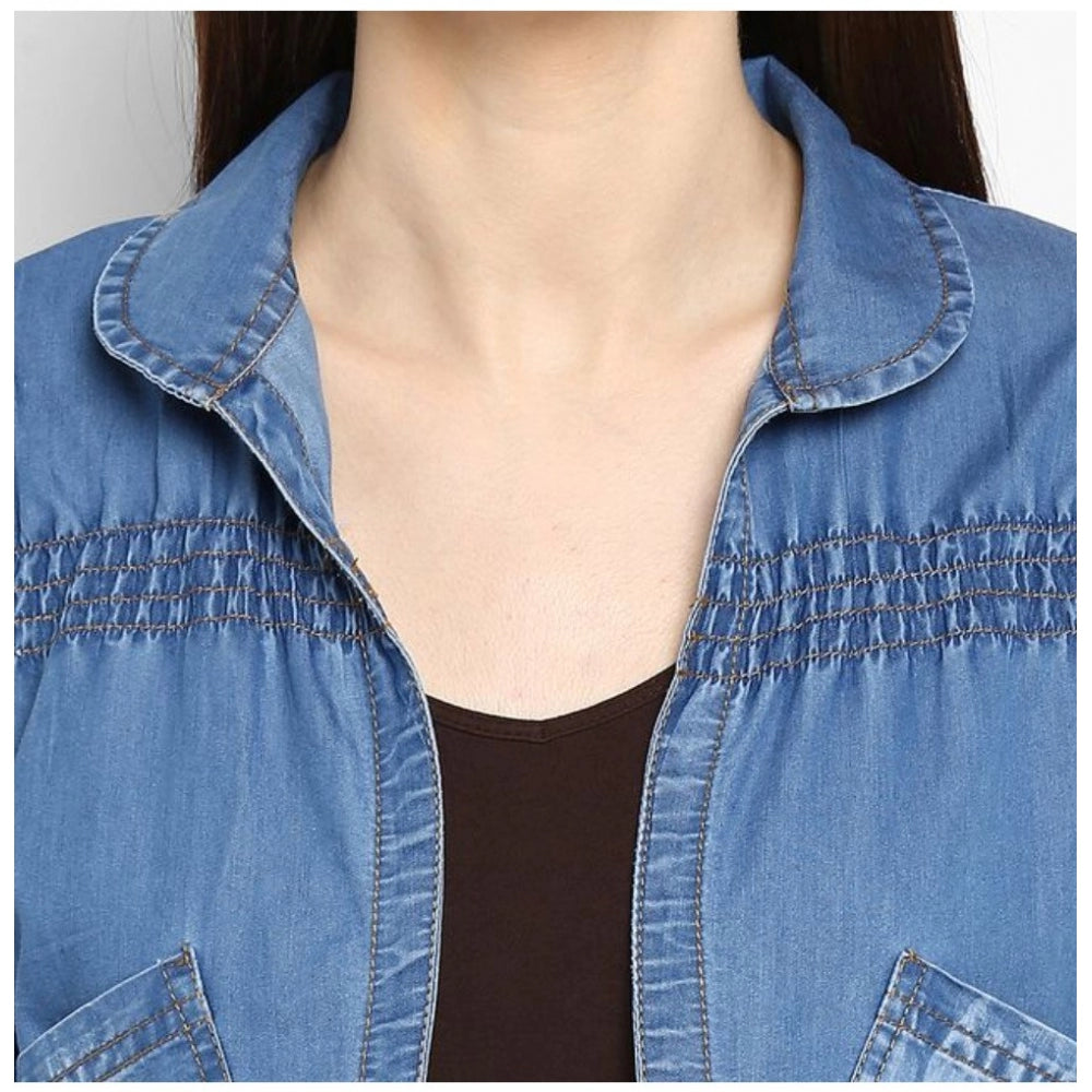 Vaystra Denim Smocking 3-4th Sleeves Shrug – Blue