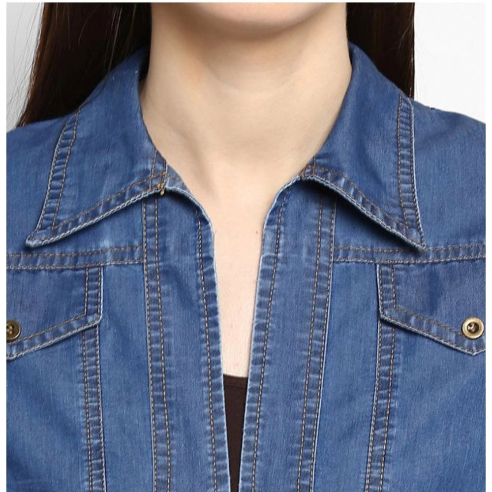 Vaystra Denim Solid 3-4th Sleeves Shrug – Blue