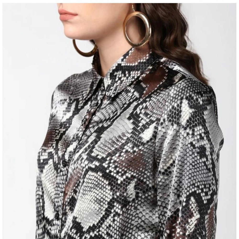 Vaystra Satin Animal Print Long Sleeves Standard Length Shirt – Black & Grey
