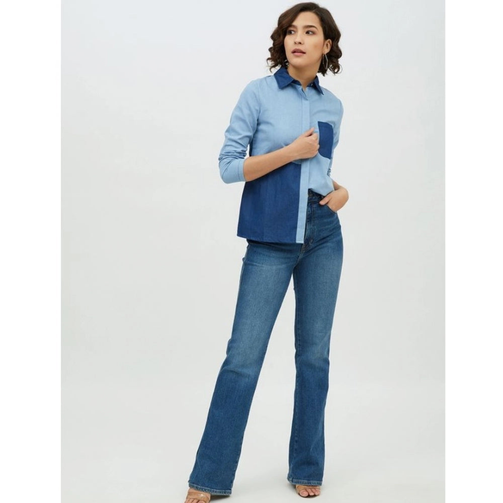 Vaystra Denim Patch Work Long Sleeves Standard Length Shirt – Blue