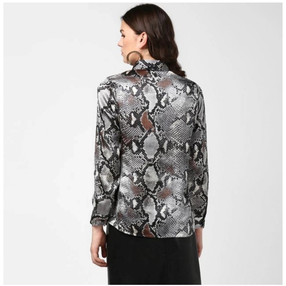 Vaystra Satin Animal Print Long Sleeves Standard Length Shirt – Black & Grey