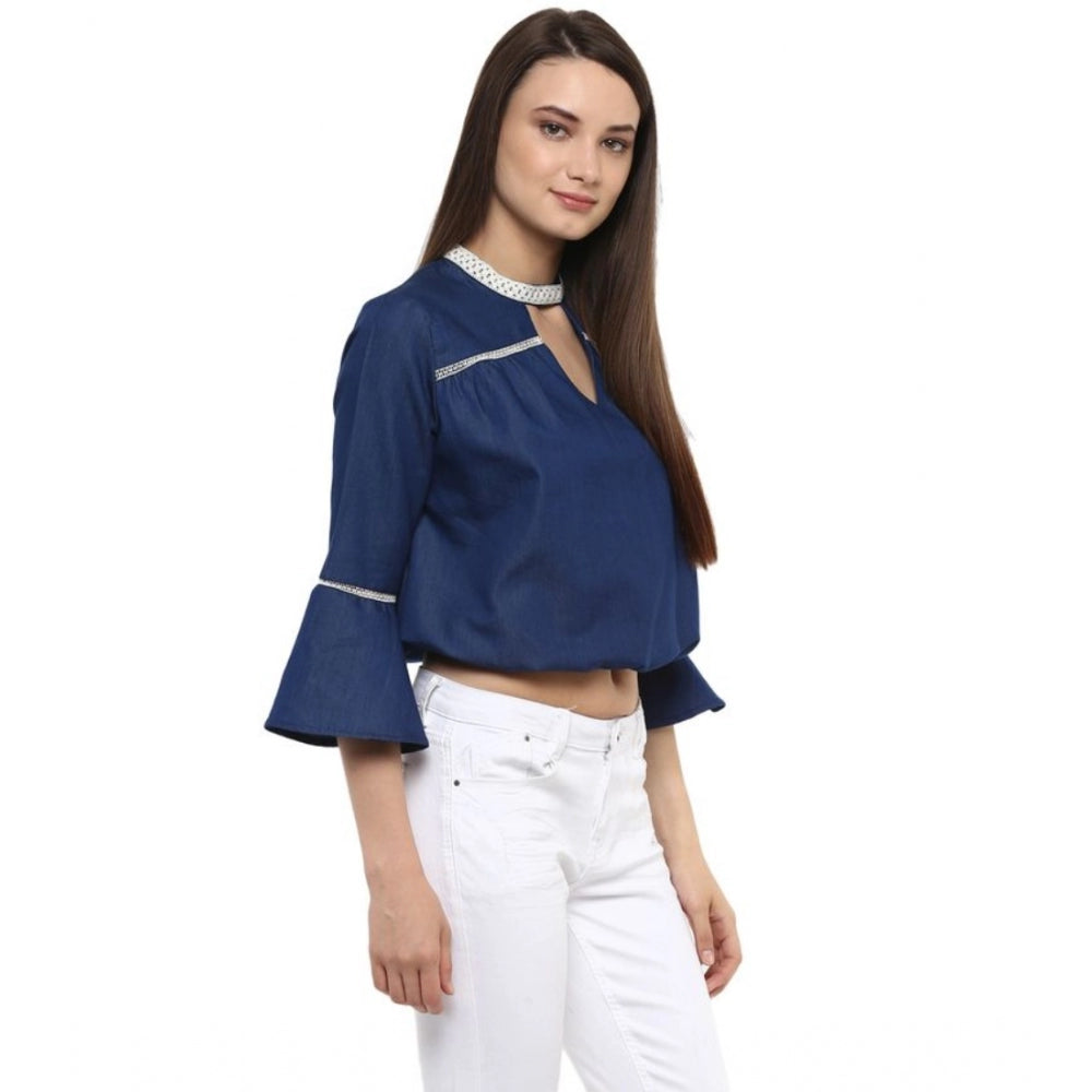 Vaystra Polyester Solid Bell Sleeve Regular Top – Blue