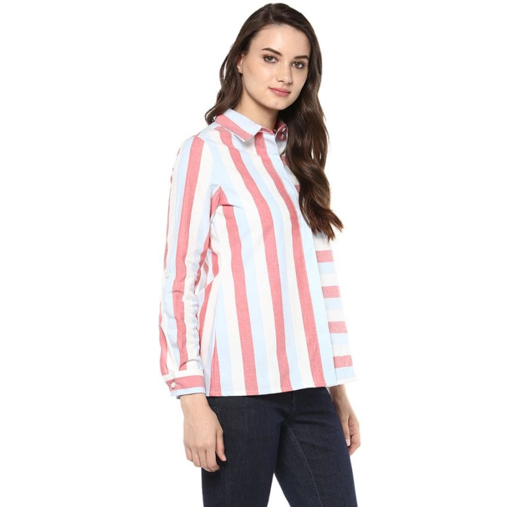 Vaystra Cotton Striped Roll Up Sleeve Regular Top – Red