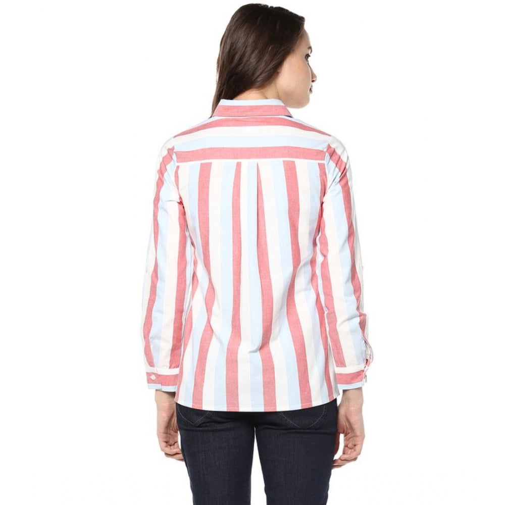 Vaystra Cotton Striped Roll Up Sleeve Regular Top – Red