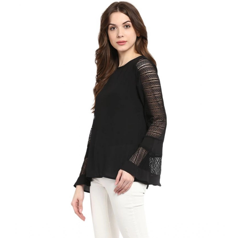 Vaystra Polyester Georgette Self Design Bell Sleeve Regular Top – Black